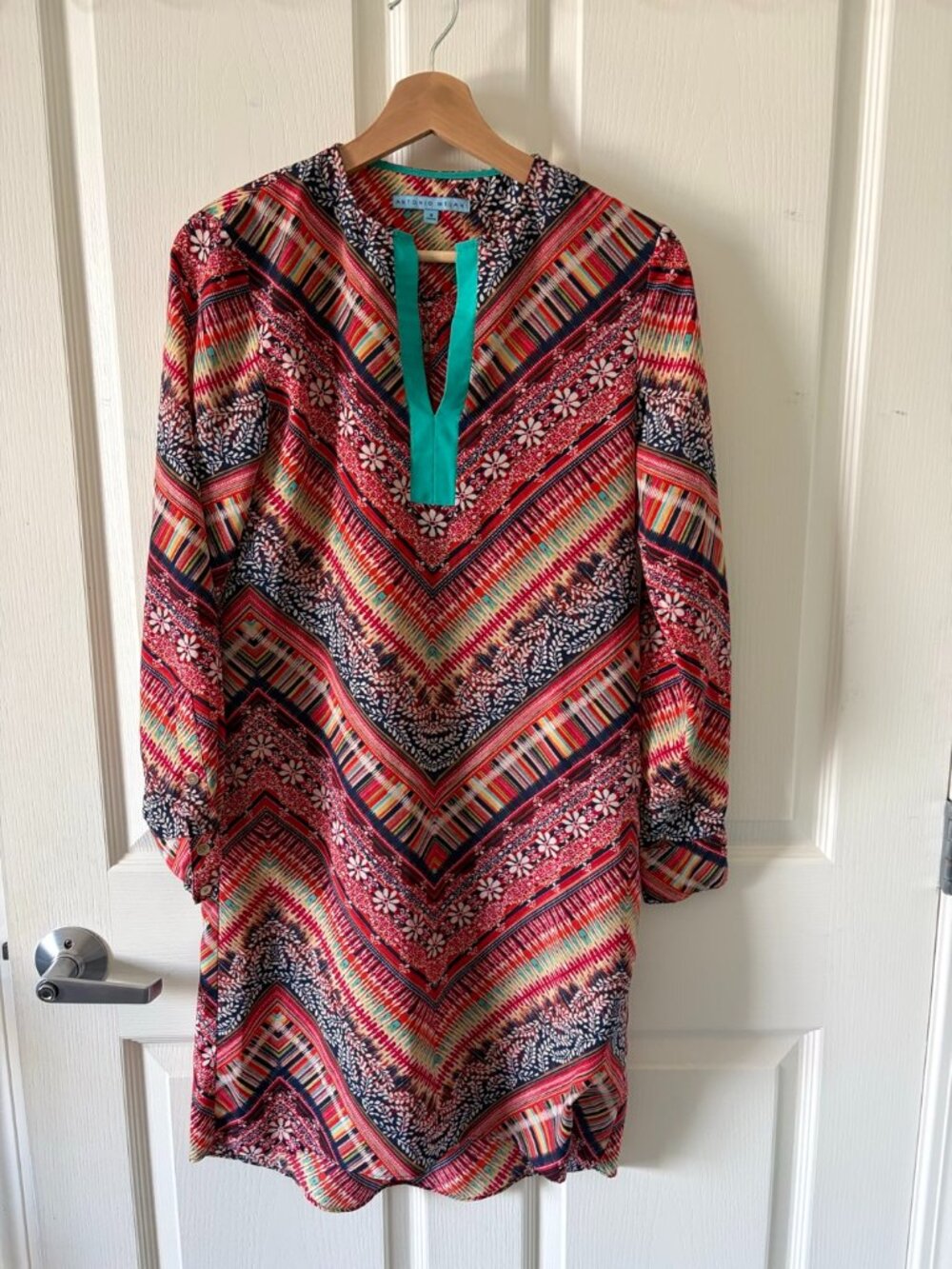 ANTONIO MELANI Chevron Ikat Print Long Sleeve Tunic Top Teal Trim 0